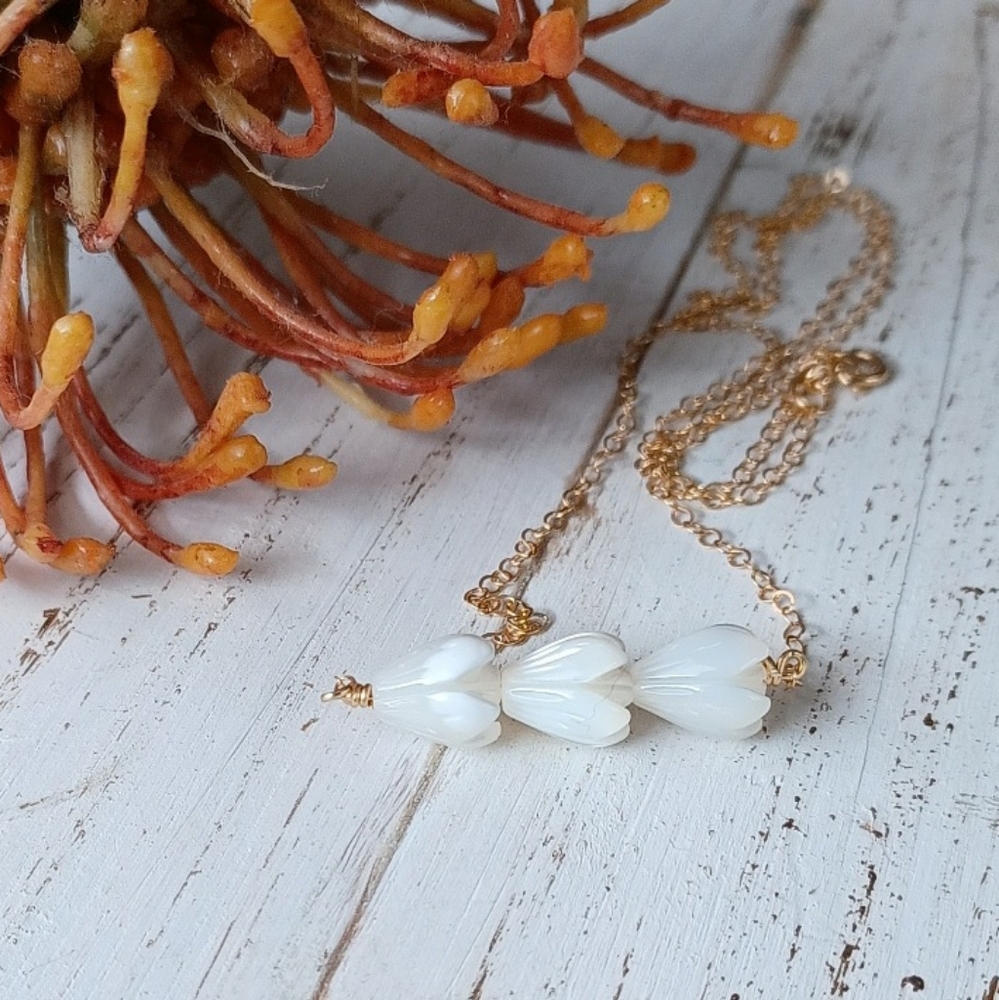 White Mother of Pearl Pikake Flower necklace